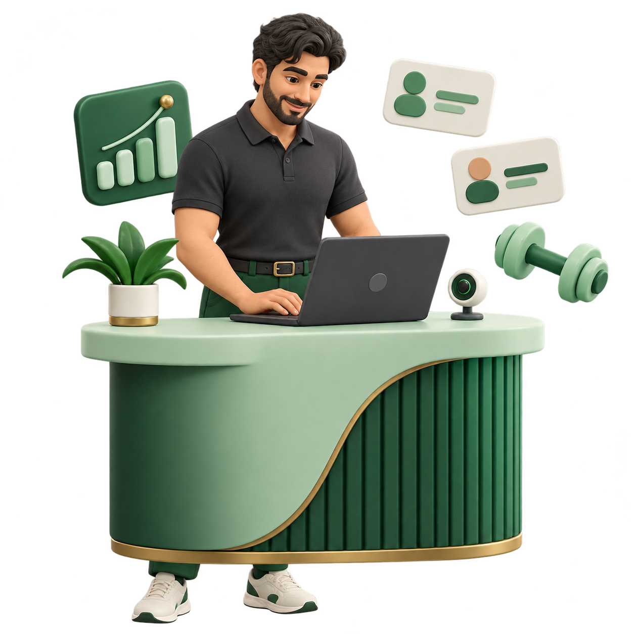 مدیر باشگاه پشت میز پذیرش، با لپ‌تاپ، دوربین و کارت اعضا